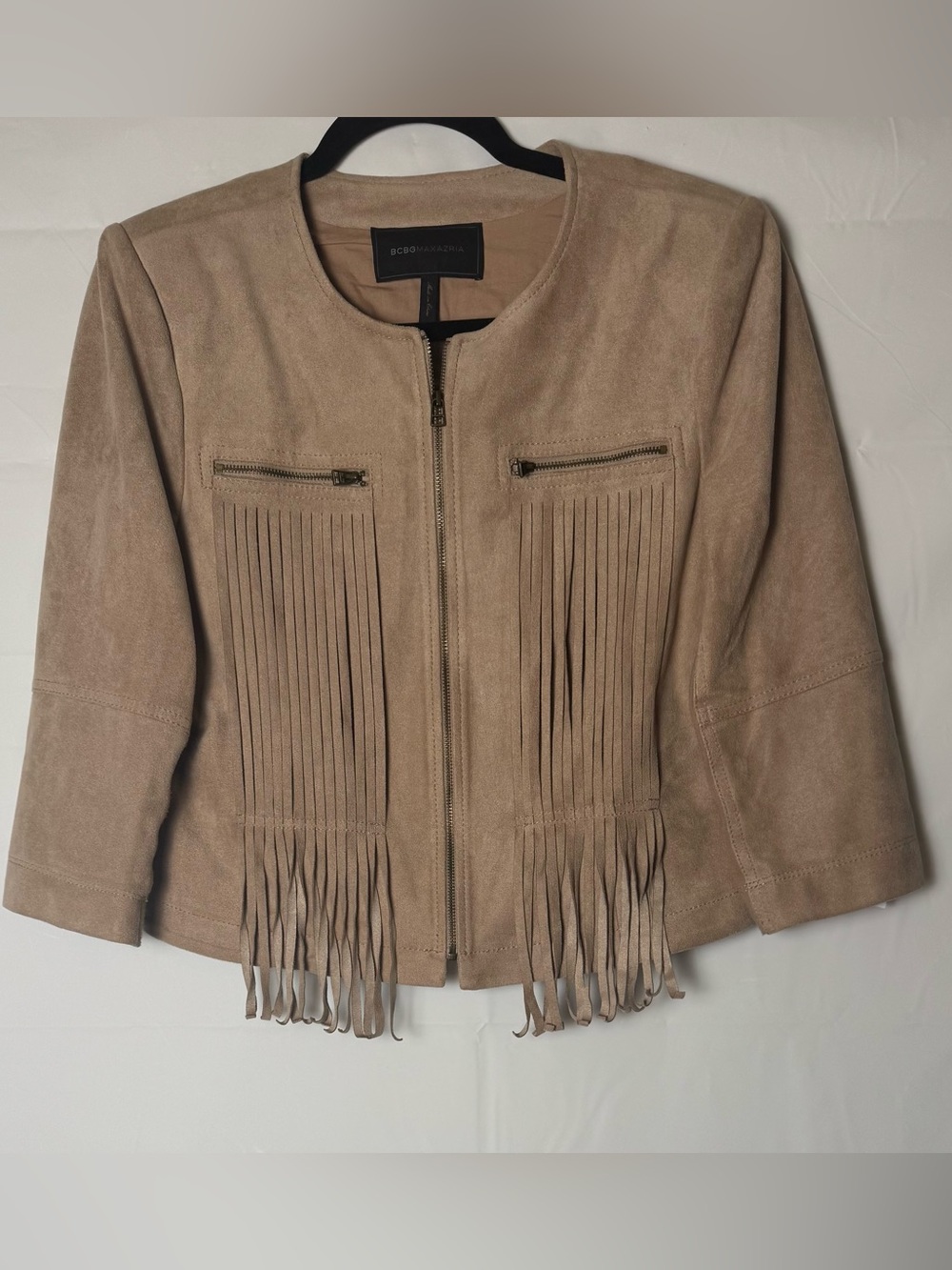 BCBGMaxAzria Women’s Taupe Suede Fringe Zip Jacket, Sz M. NWOT